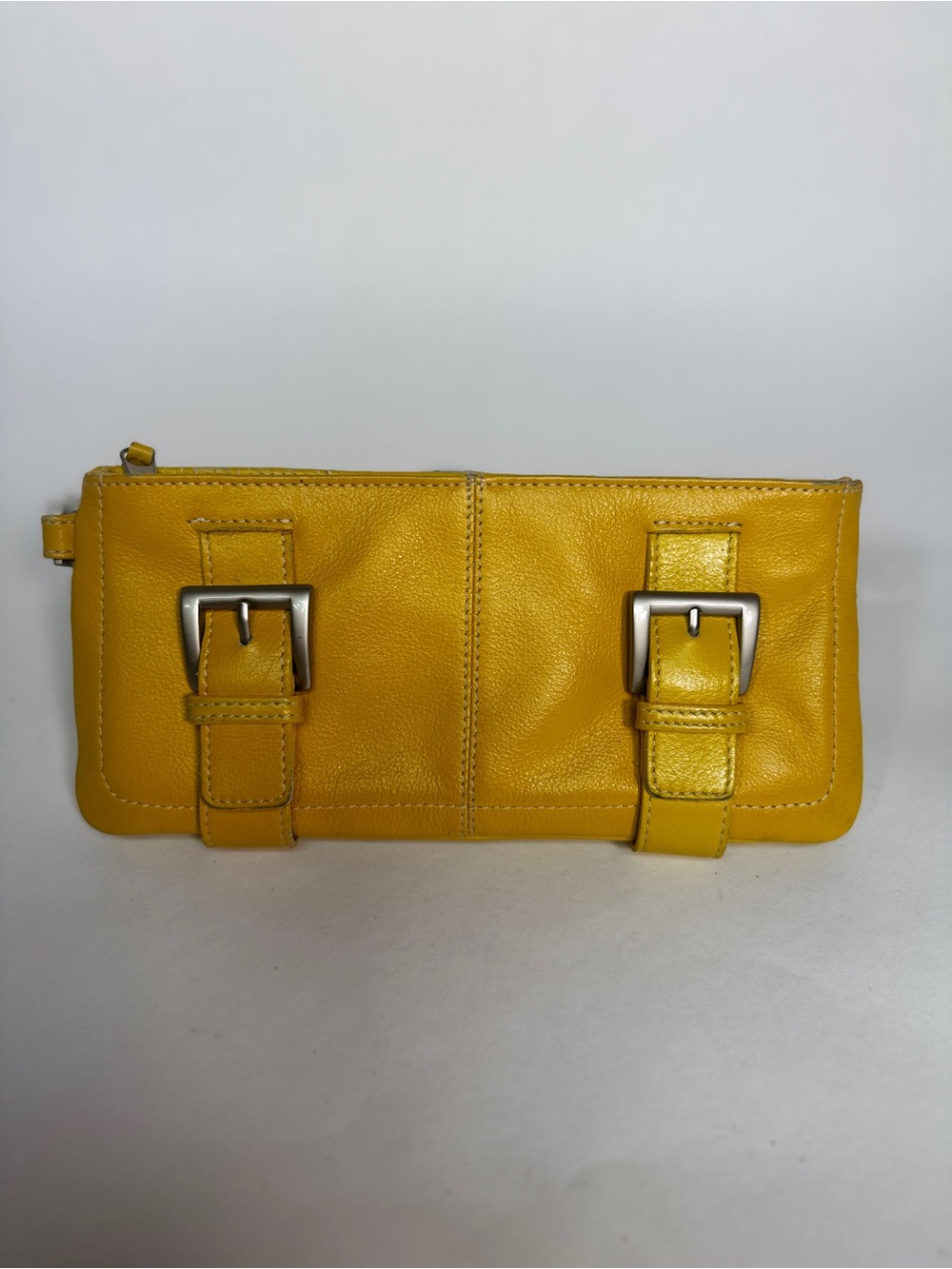 Barneys New York Mustard Yellow Leather Buckle Wristlet Clutch